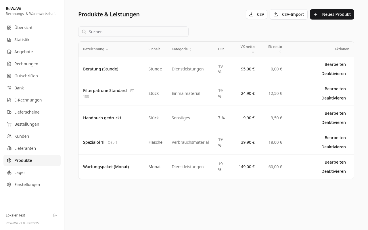ReWaWi Produktliste mit EK/VK und Kategorien